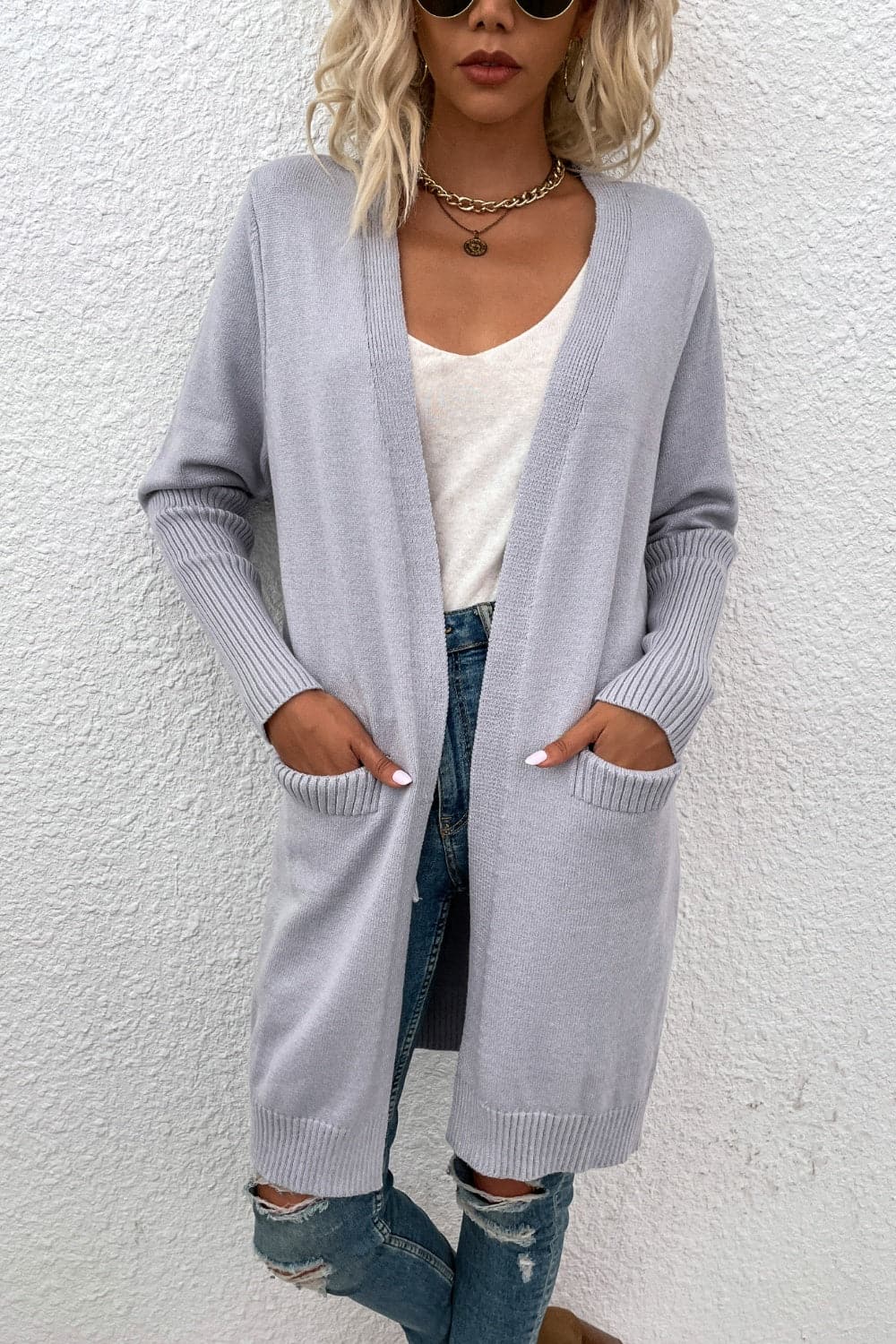 Open Front Long Sleeve Cardigan with Pockets.