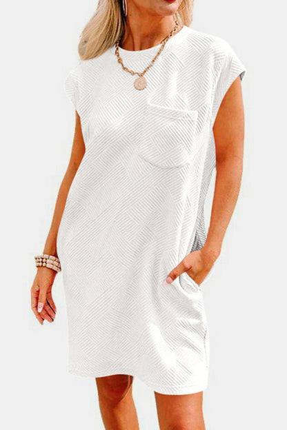 Textured Round Neck Cap Sleeve Dress.