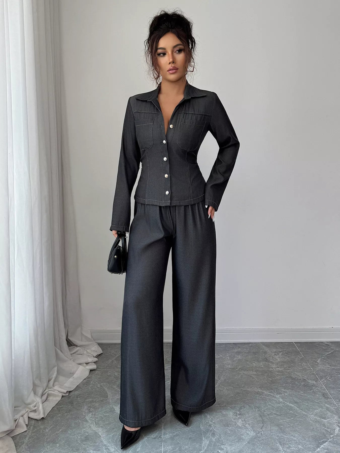 Button-Up Shirt & Wide Leg Pants Set Simply Love