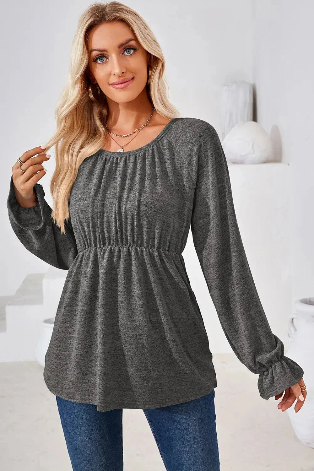 Ruched Round Neck Flounce Sleeve Blouse Coco’s Tee Boutique