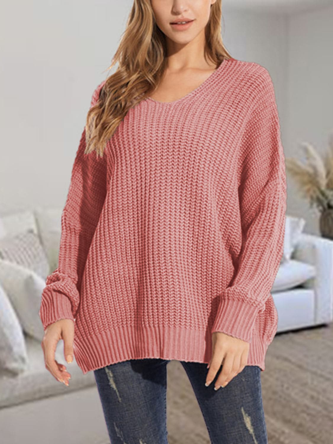 V-Neck Batwing Dropped Shoulder Sweater.