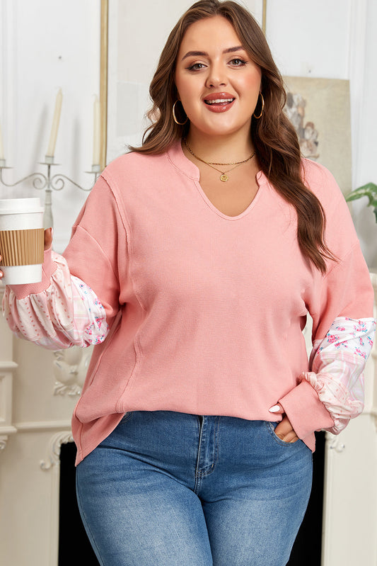 Pink Floral Patchwork Waffle Notched V Neck Top Plus Size Dear-Lover Dropshipping