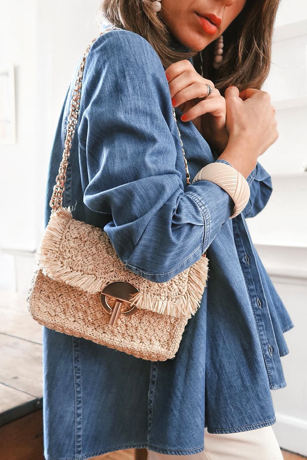 Button Up Collared Neck Denim Jacket.