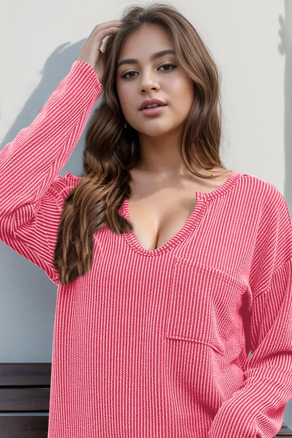 Double Take Striped Notched Long Sleeve T-Shirt - Love Salve