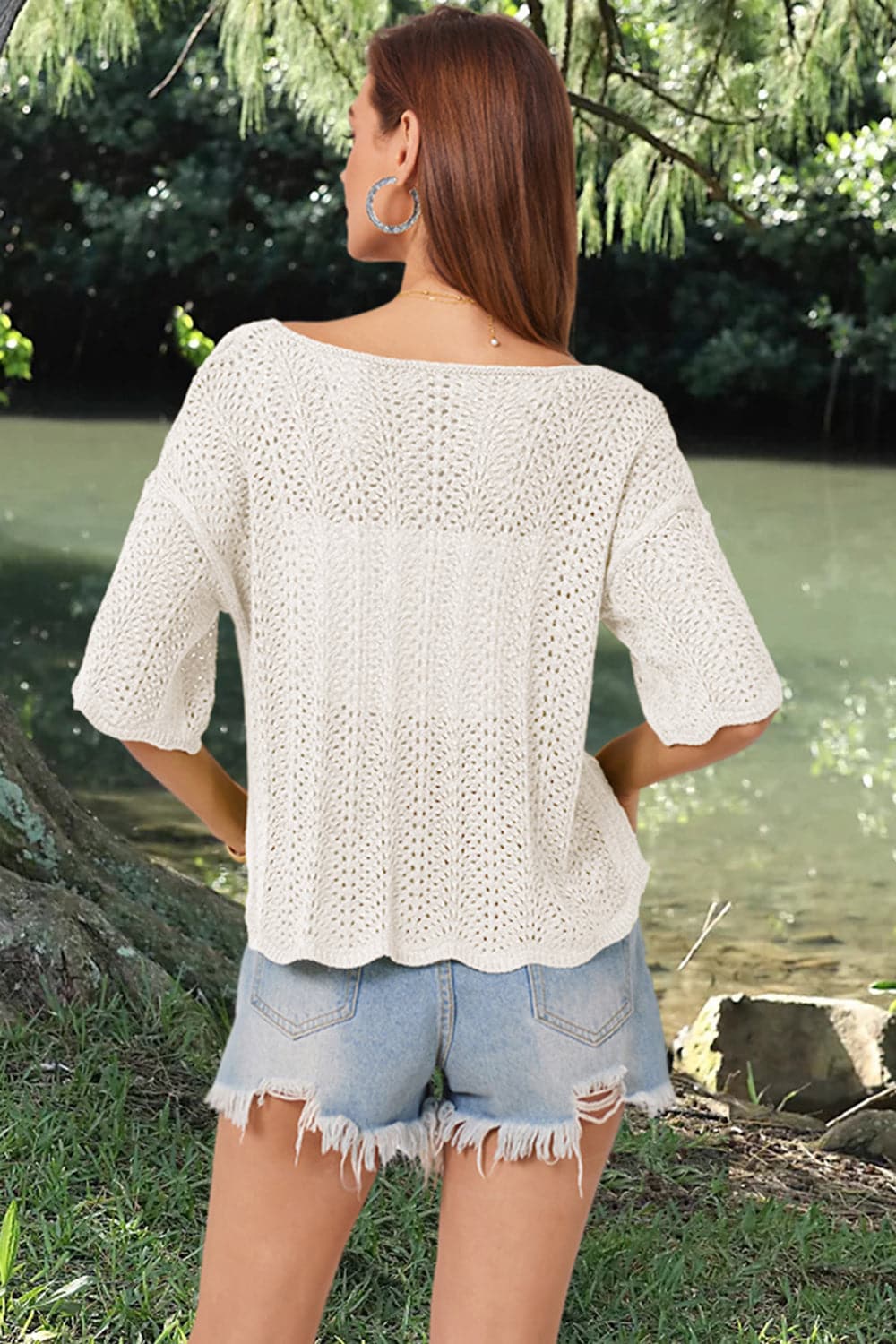 Openwork Round Neck Half Sleeve Knit Top.