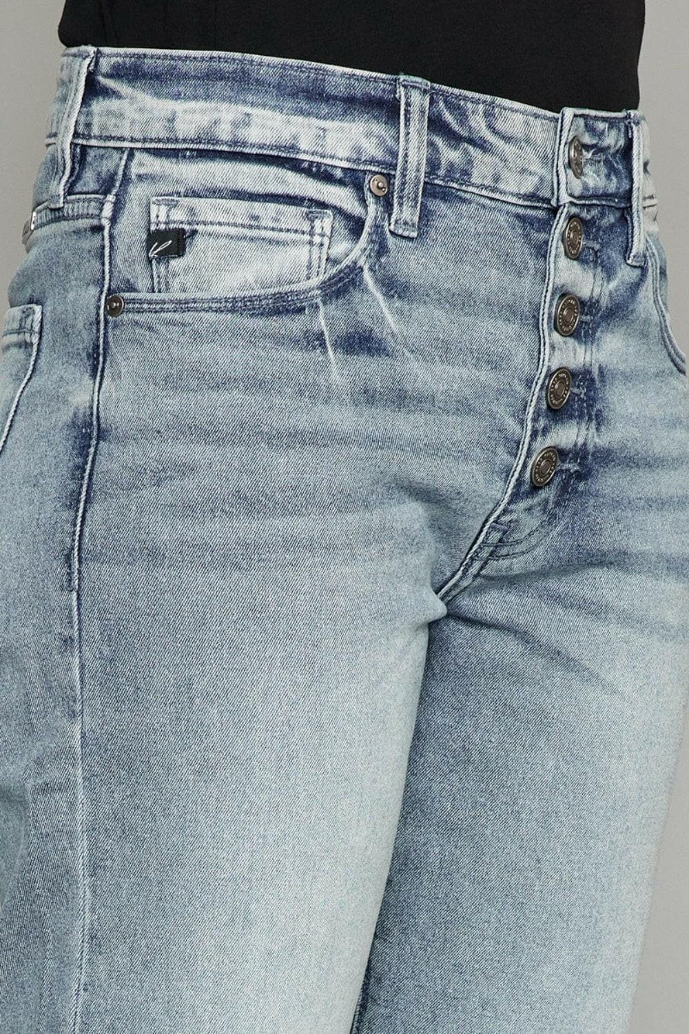 Kancan High Waist Button Fly Raw Hem Cropped Straight Jeans.