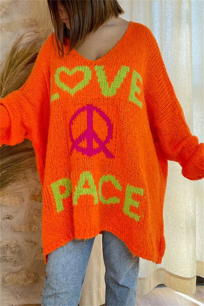 Peace Graphic V-Neck Long Sleeve Sweater.