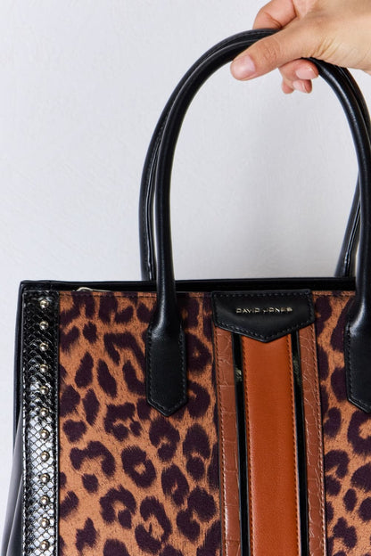 David Jones Leopard Contrast Rivet Handbag.