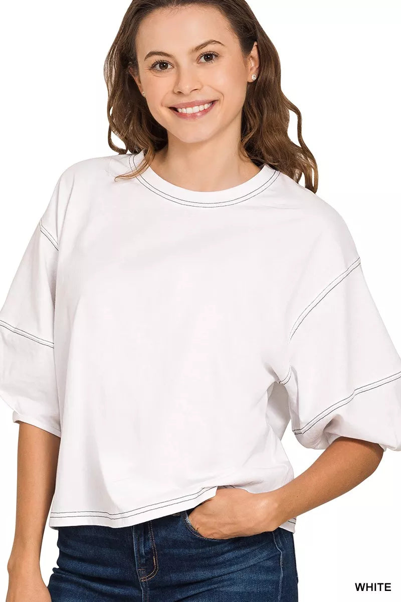 Zenana Balloon Sleeve Top with Contrast Stitching Simply Love