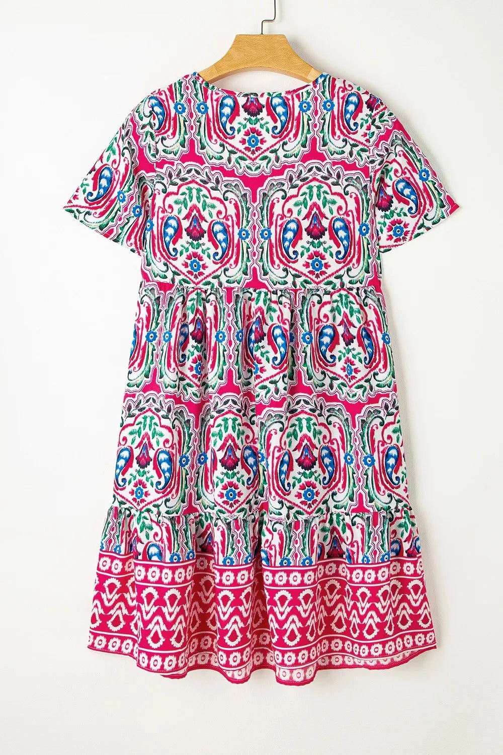 Printed Tie Neck Short Sleeve Dress Simply Love