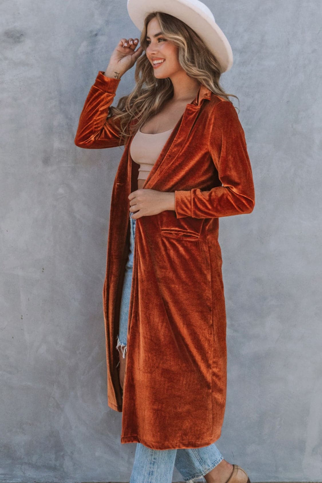 Collared Neck Longline Velvet Cardigan with Pockets.