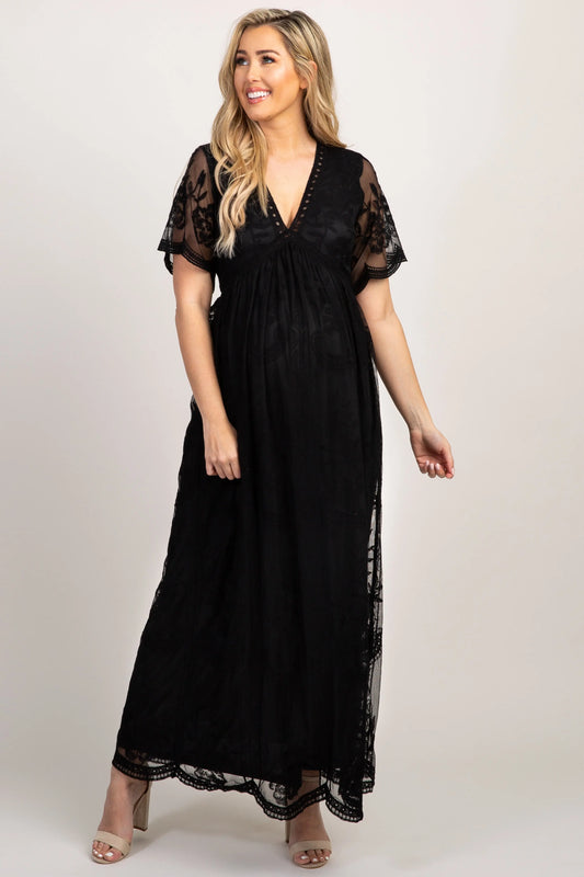 PinkBlush Black Lace Mesh Overlay Maternity Maxi Dress PinkBlush