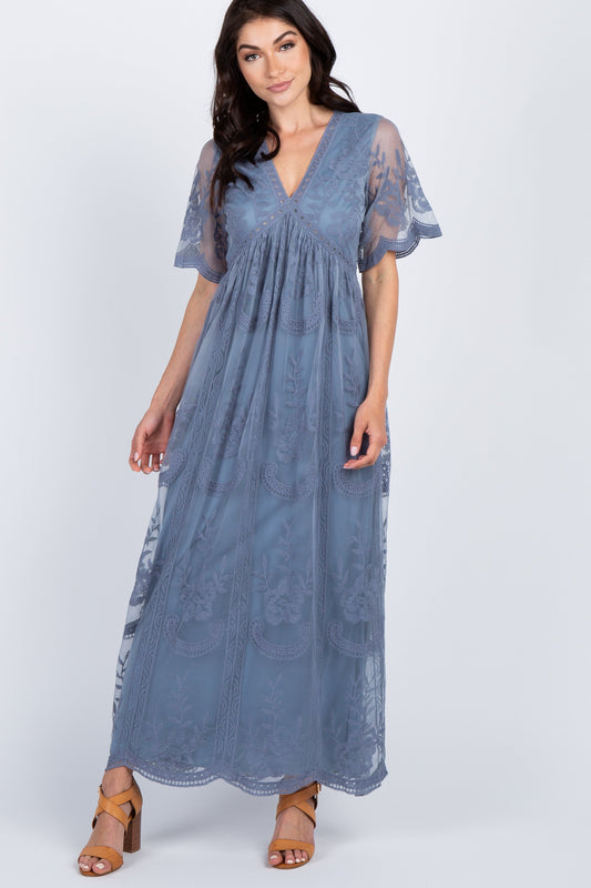 PinkBlush PinkBlush Blue Lace Mesh Overlay Maxi Dress - Main Product Image