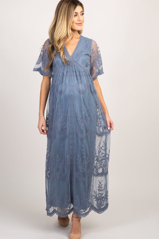 PinkBlush PinkBlush Blue Lace Mesh Overlay Maternity Maxi Dress - Main Product Image