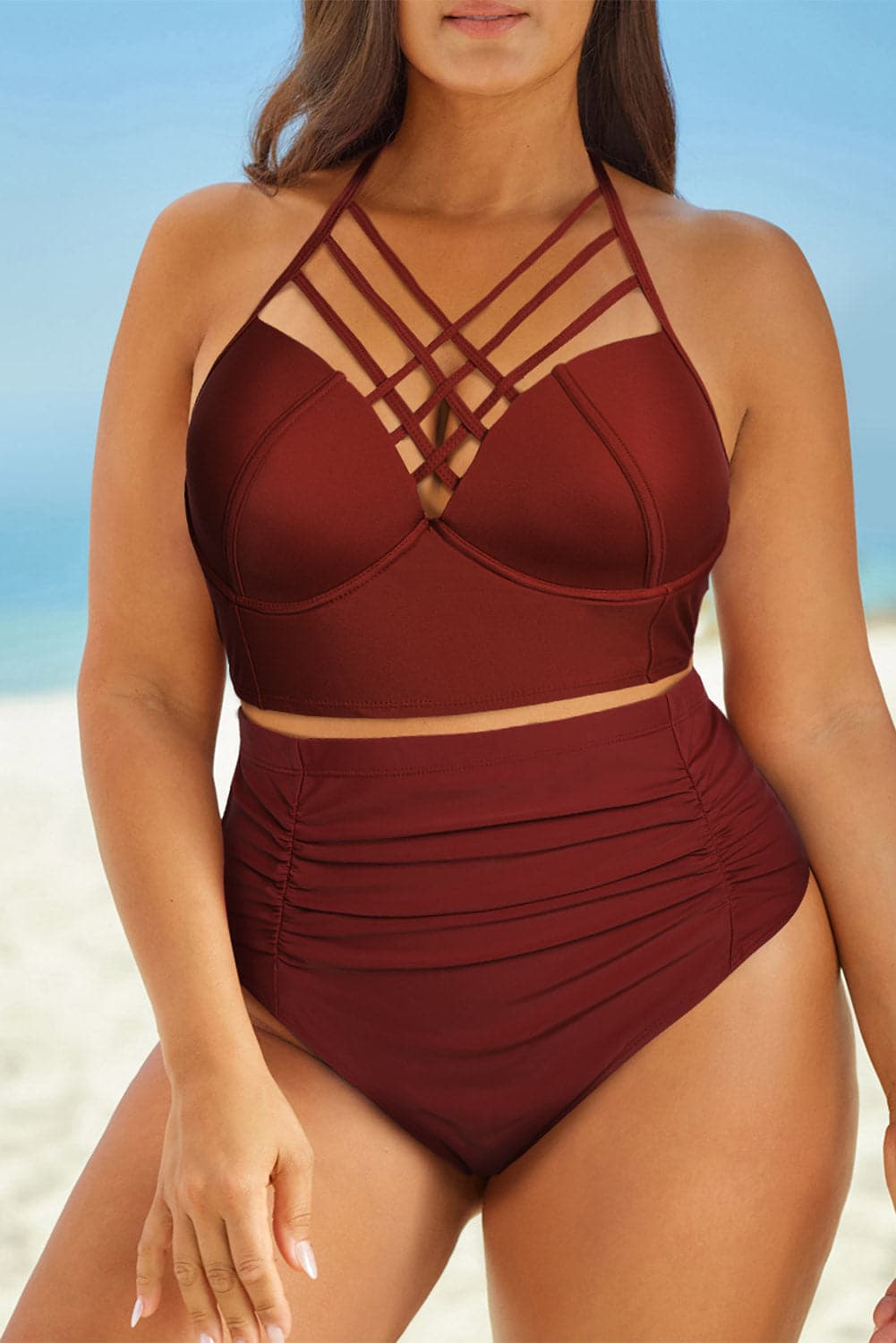 Full Size Halter Neck Crisscross Ruched Two-Piece Swimsuit.