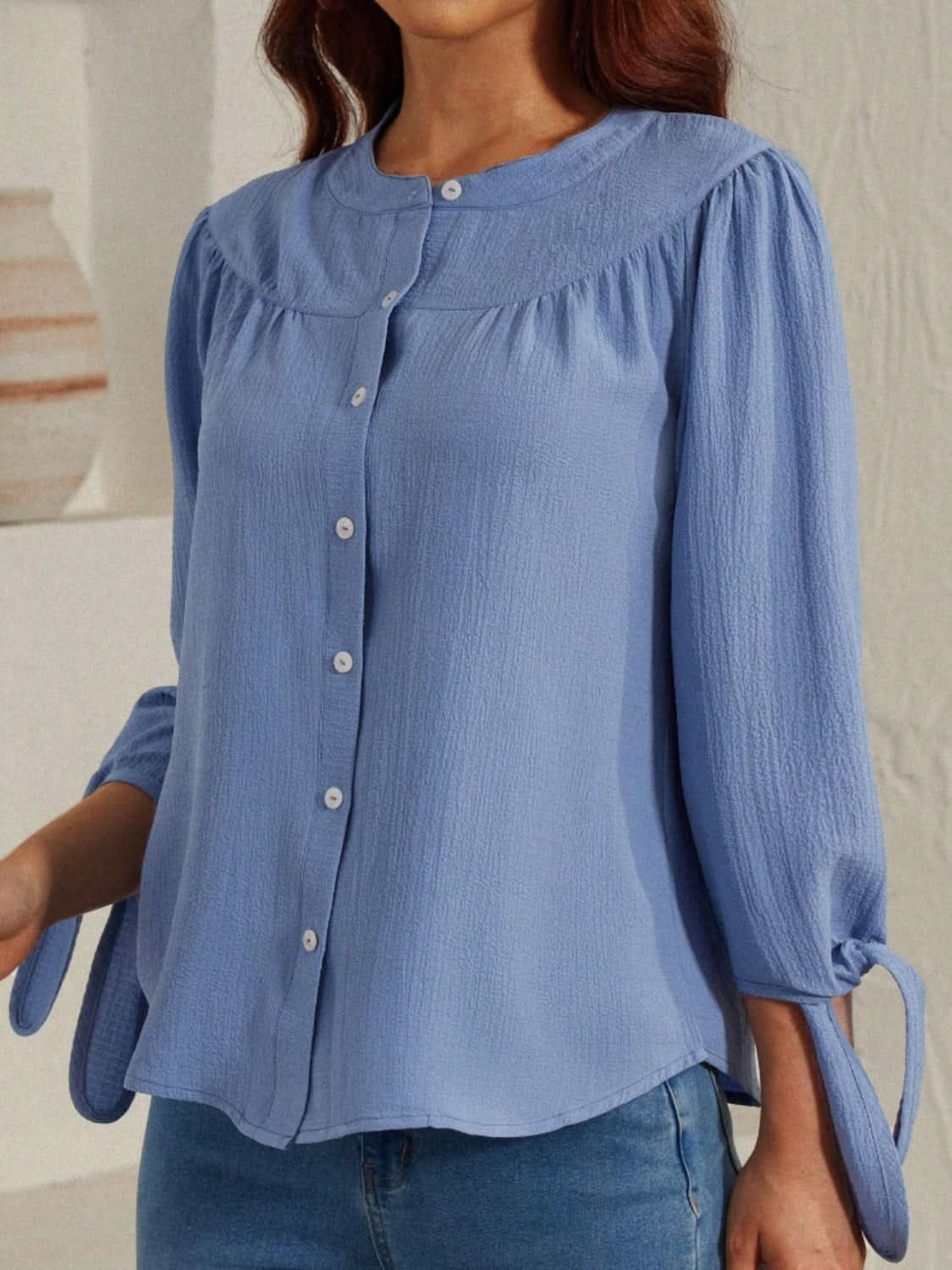 Tied Neck Opaque Three-Quarter Sleeve Blouse