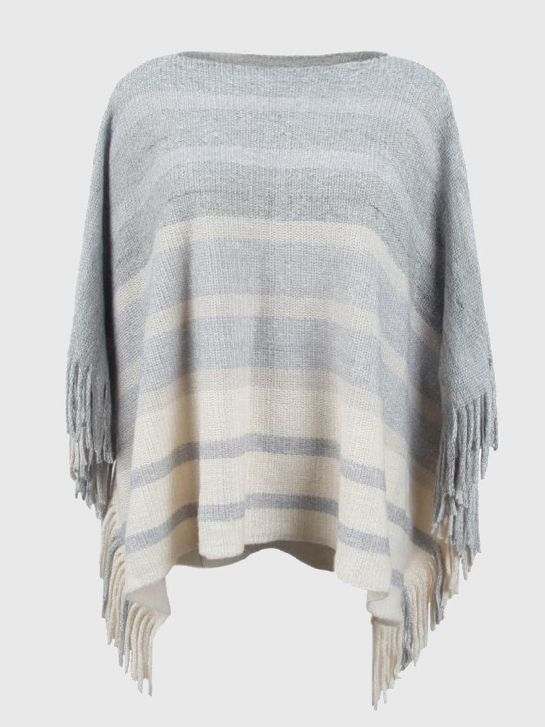 Striped Boat Neck Poncho with Fringes.