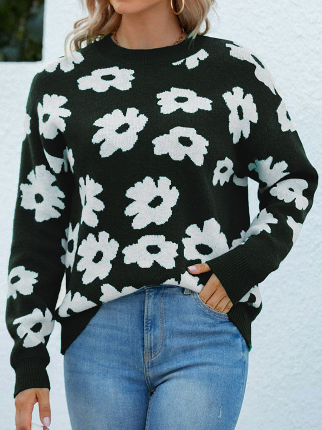 Floral Round Neck Sweater.