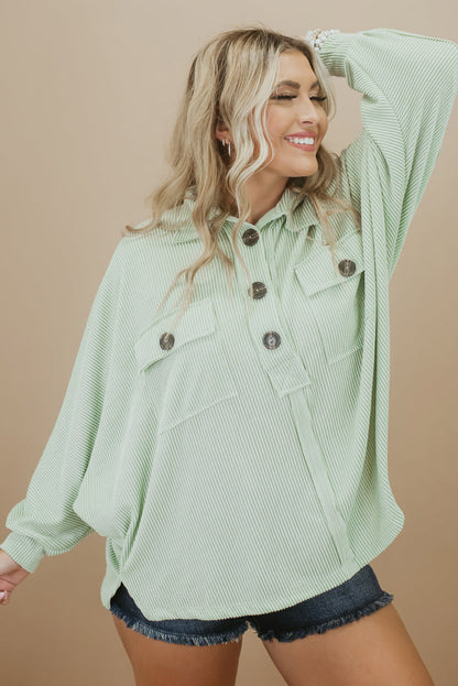 Chic green plus size ribbed henley top with pockets and long sleeves