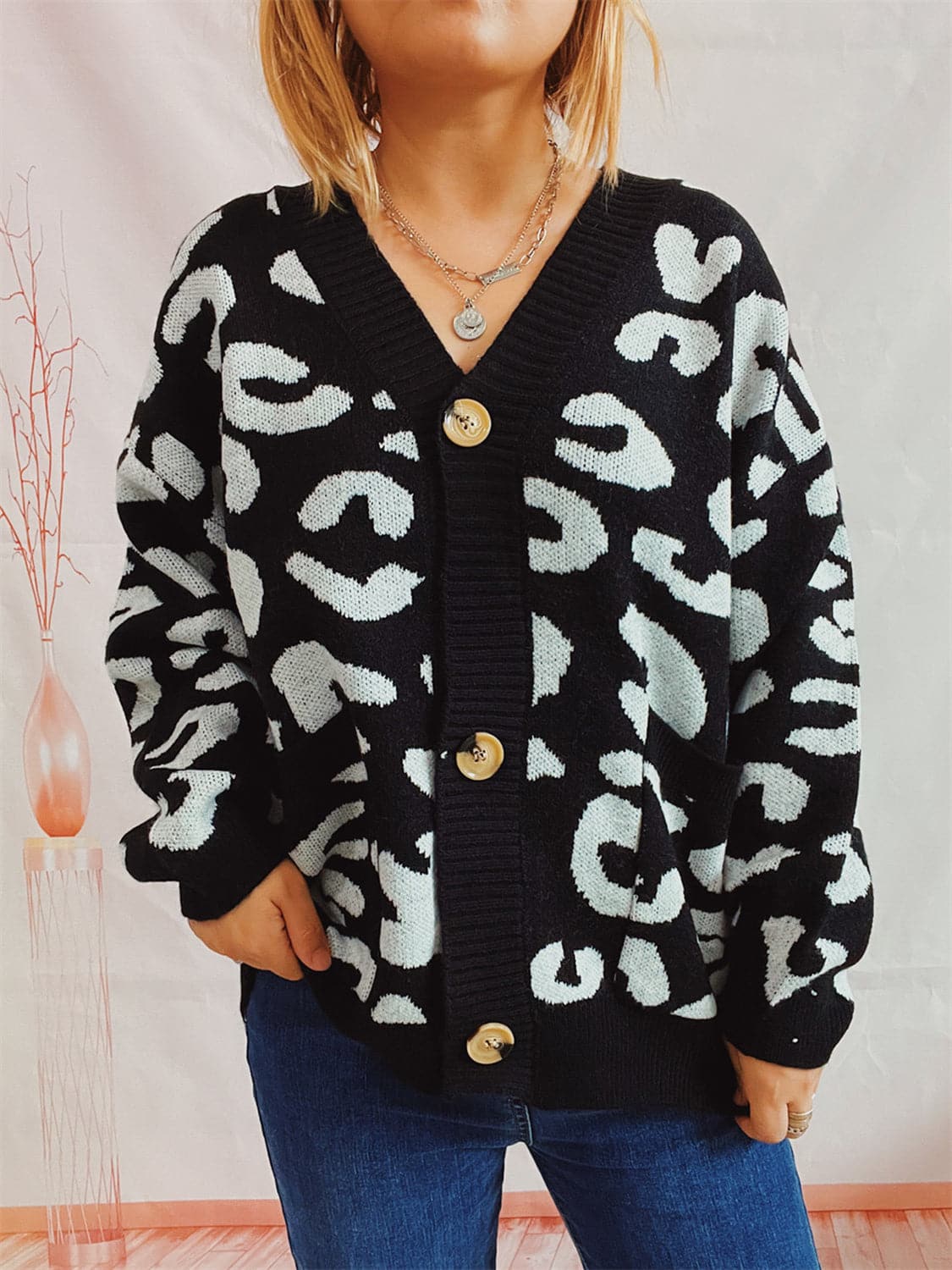 Leopard Button Front Cardigan with Pockets.