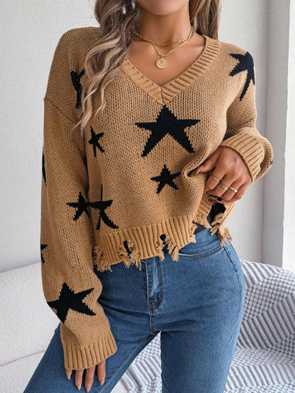 Star Pattern Distressed V-Neck Cropped Sweater.