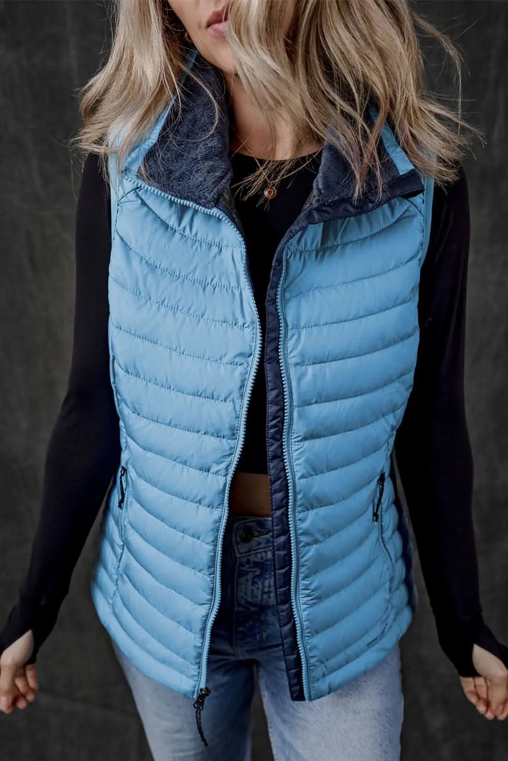 Sky Blue Plush Collared Quilted Zipped Puffer Vest - Love Salve 