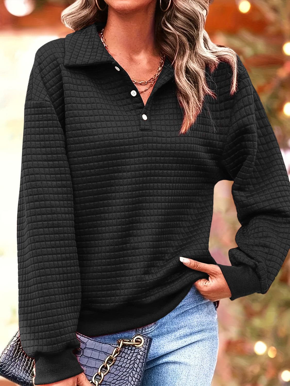 Waffle-Knit Collared Neck Long Sleeve Sweatshirt.