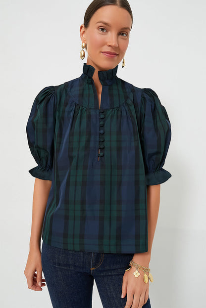 Chic Green Striped Plaid Puff Sleeve Blouse with Frilled Trim