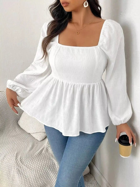 Plus Size Square Neck Long Sleeve Peplum Blouse Simply Love