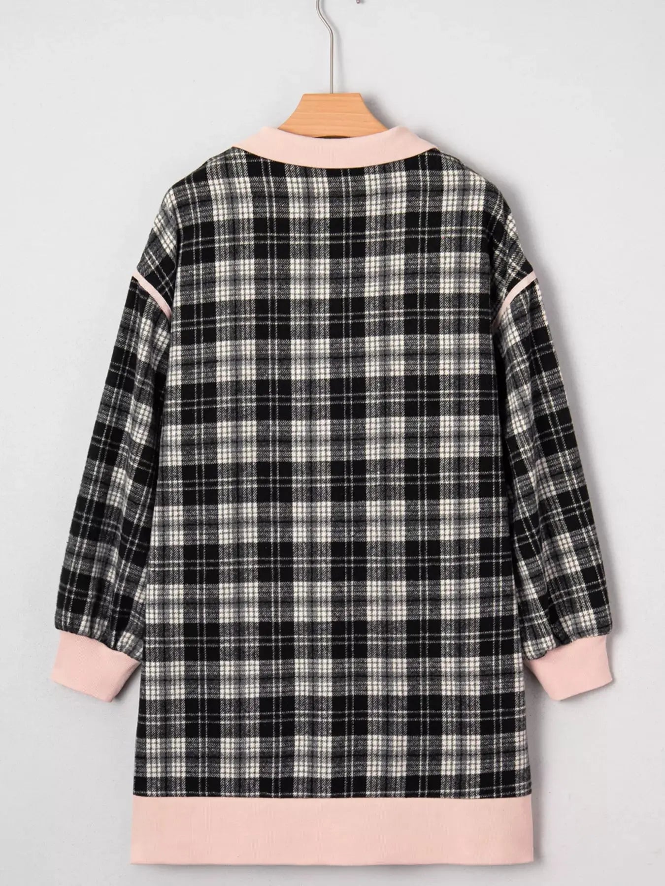 Plaid Polo Collar Zip up Contrast Trim Shift Long Sleeve Mini Dress Simply Love