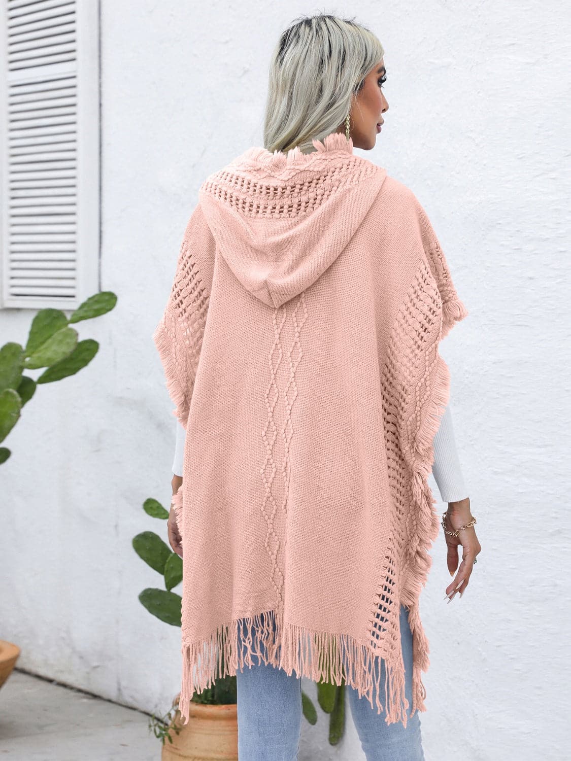 Fringe Trim Buttoned Hooded Poncho.