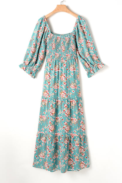 Green Plus Size Floral Print Square Neck Smocked Maxi Dress