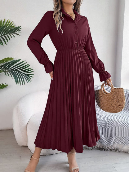 Pleated Half Button Long Sleeve Midi Dress.