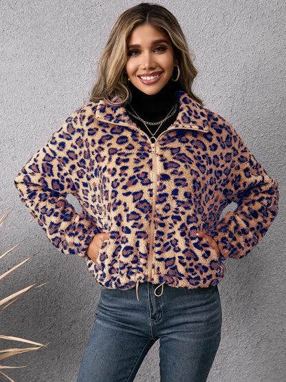 Drawstring Leopard Zip Up Jacket.