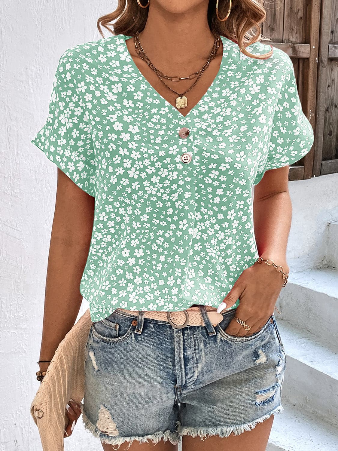 Printed V-Neck Short Sleeve Blouse.