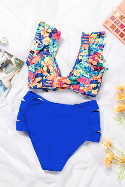 Tropical floral ruffle high waist bikini with front tie detail