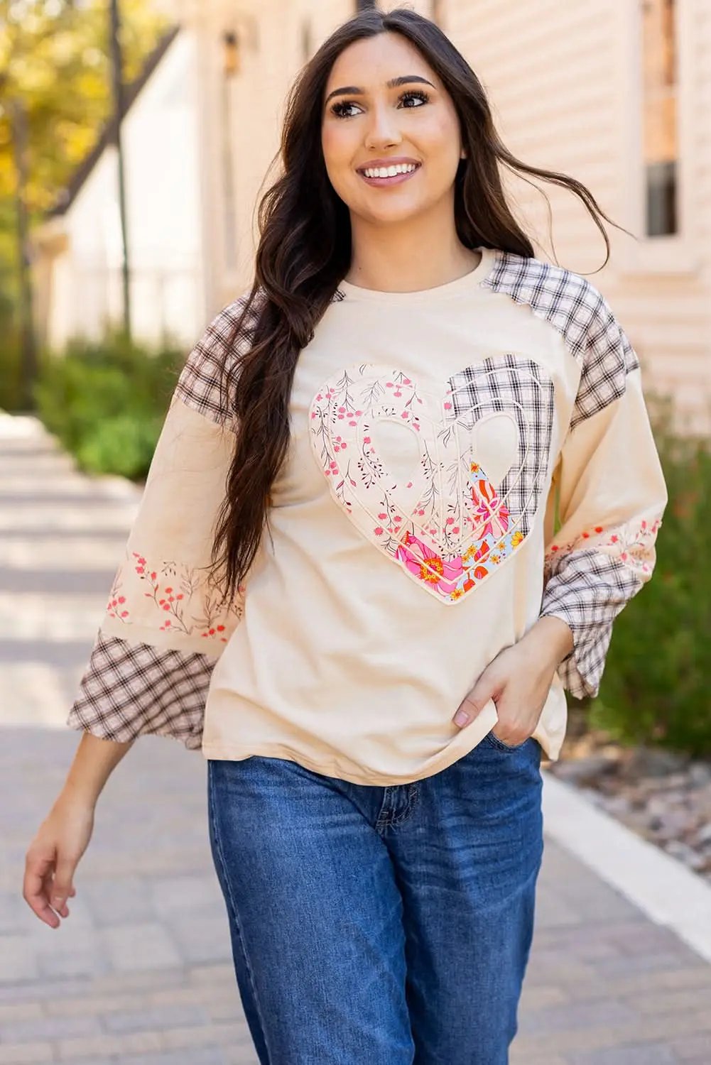 Beige Plaid Floral Peace Heart Graphic Wide Long Sleeve Top - Love Salve 
