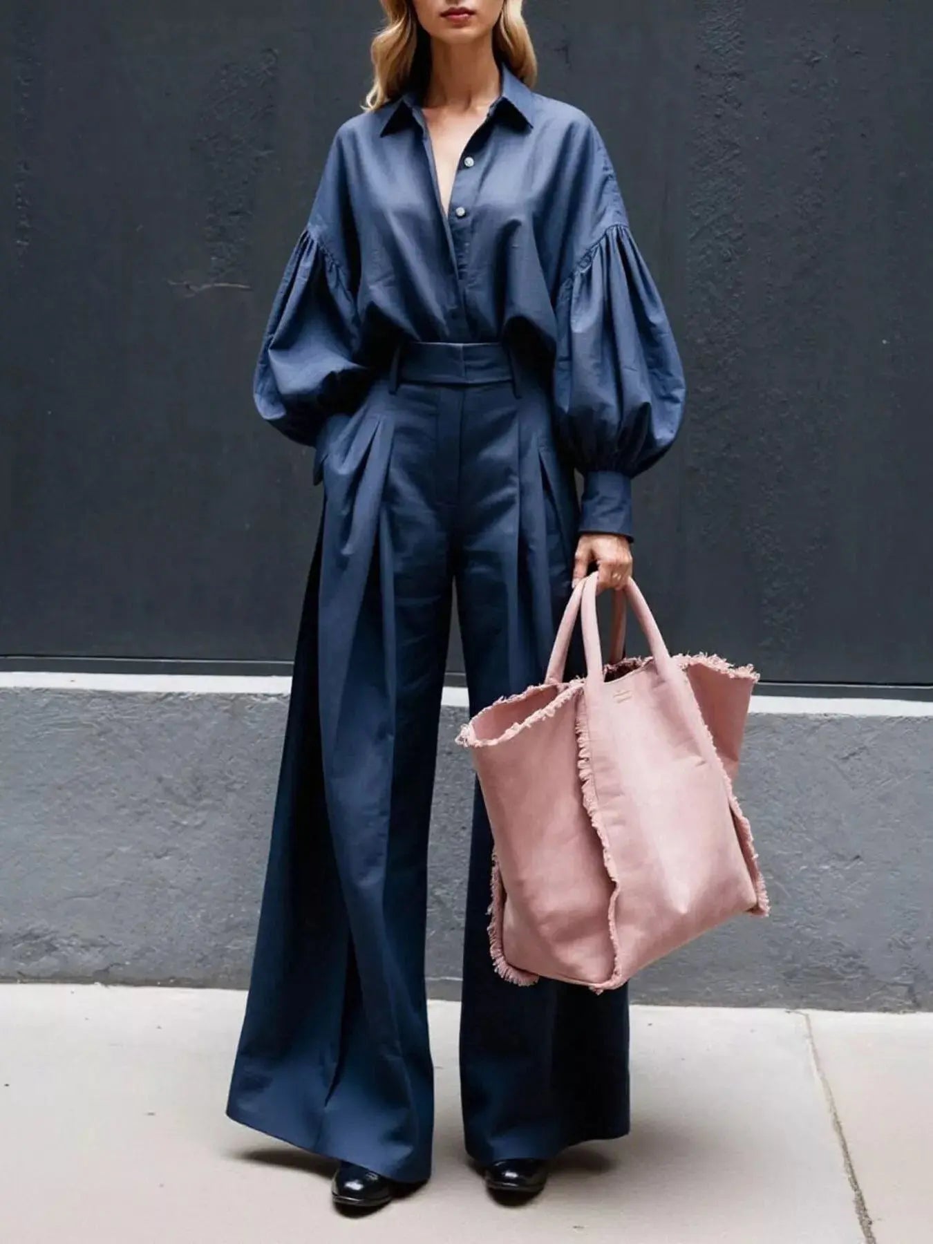 Lantern Sleeve Shirt and Wide Leg Pants Set Simply Love