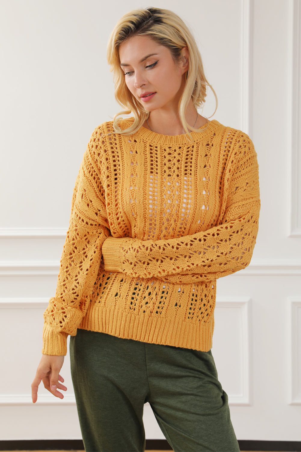 Chic yellow cable knit sweater with hollow-out design and drop shoulders