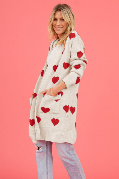 Heart Graphic Open Front Cardigan with Pockets.