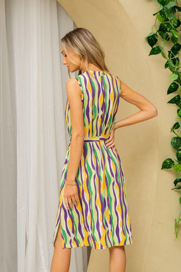 Sew In Love Full Size Stripe Tied Sleeveless Dress with Side Pockets.