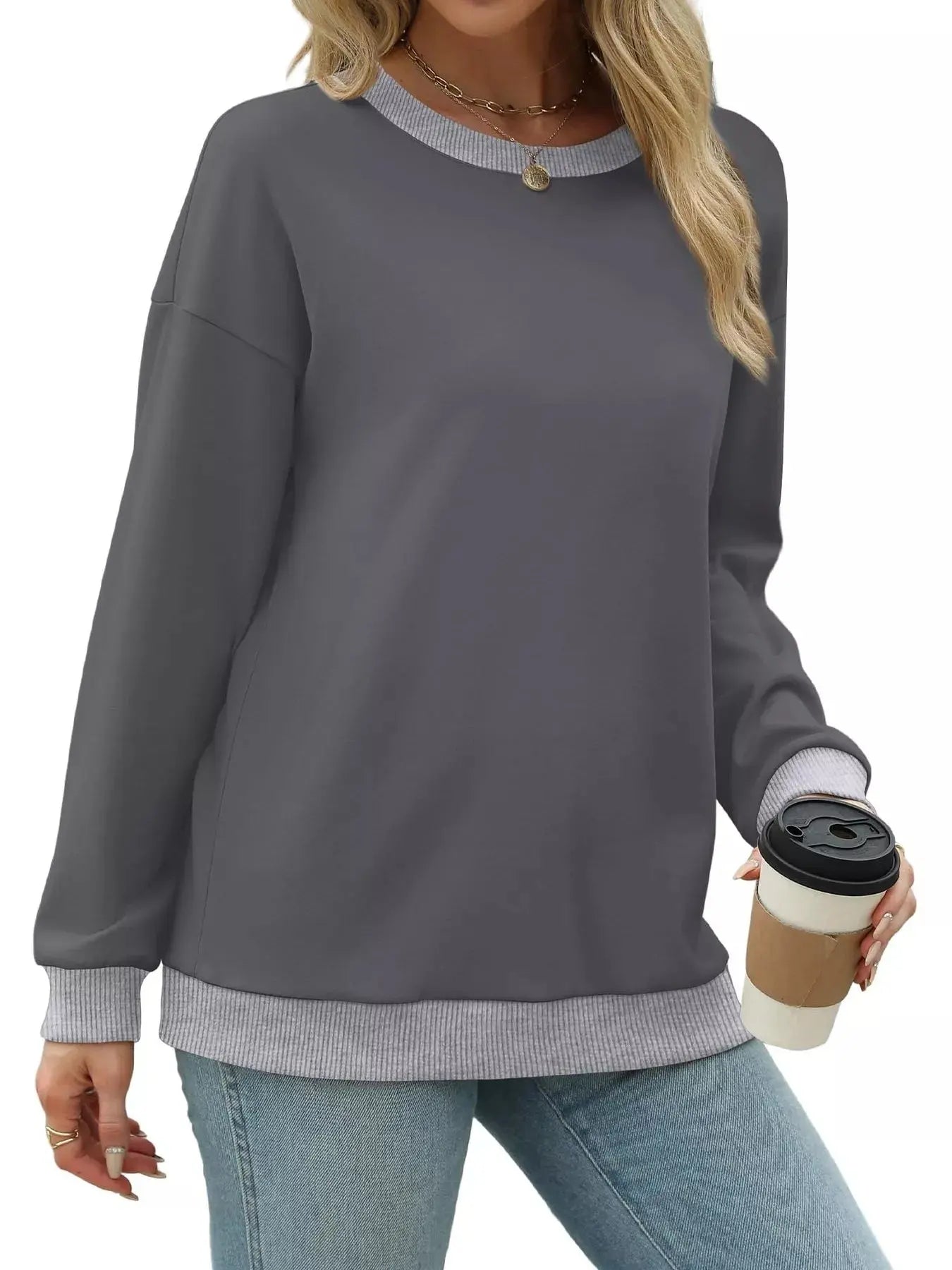 Contrast Trim Crew Neck Casual Sweatshirt Simply Love