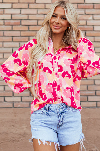 Chic pink floral puff sleeve button-up shirt