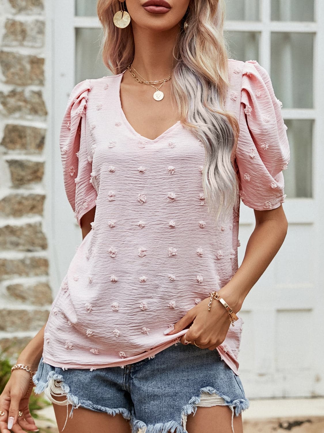 Swiss Dot Short Puff Sleeve Top.