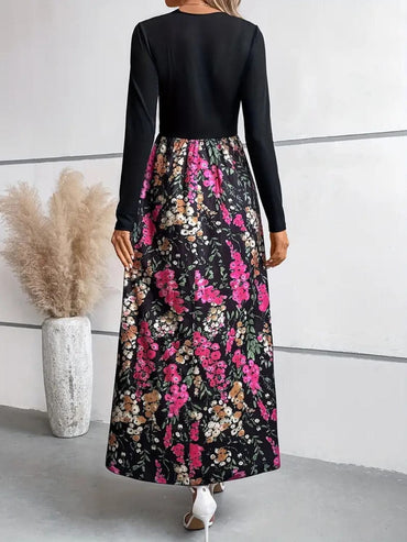 Floral Round Neck Long Sleeve Maxi Dress.