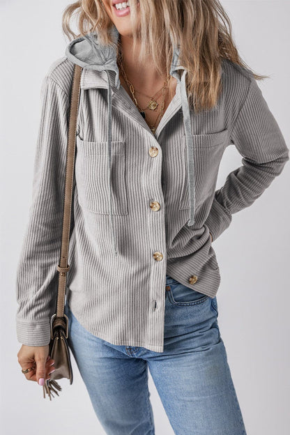 Drawstring Button Up Long Sleeve Hooded Jacket.