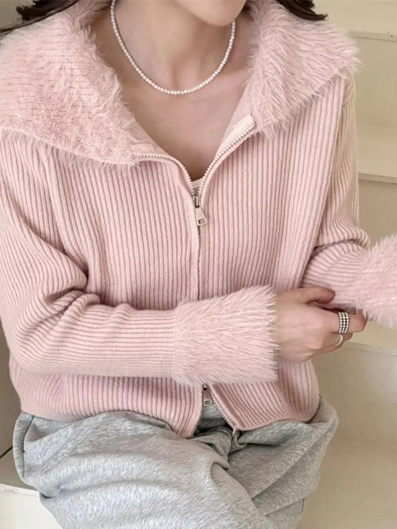 Fluffy Trim Zip-Up Cardigan Simply Love