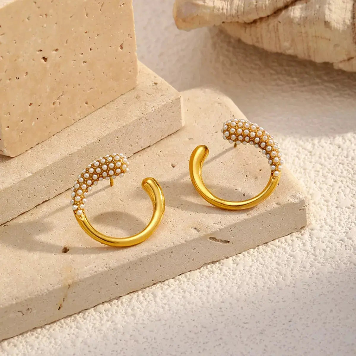 Gold Plated Synthetic Pearl Accented C Hoop Earrings Stainless Steel Simply Love