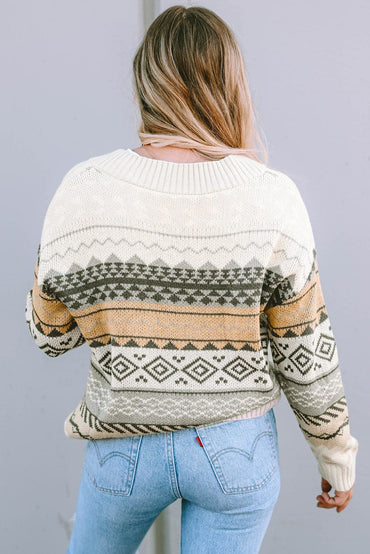 Geometric V-Neck Dropped Shoulder Sweater.