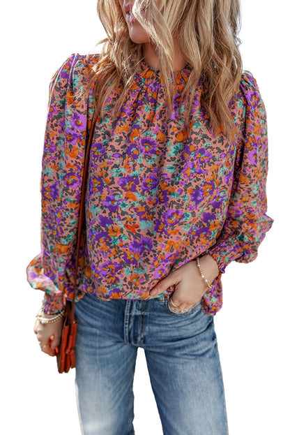 Charming purple floral frilled blouse with shirred cuffs